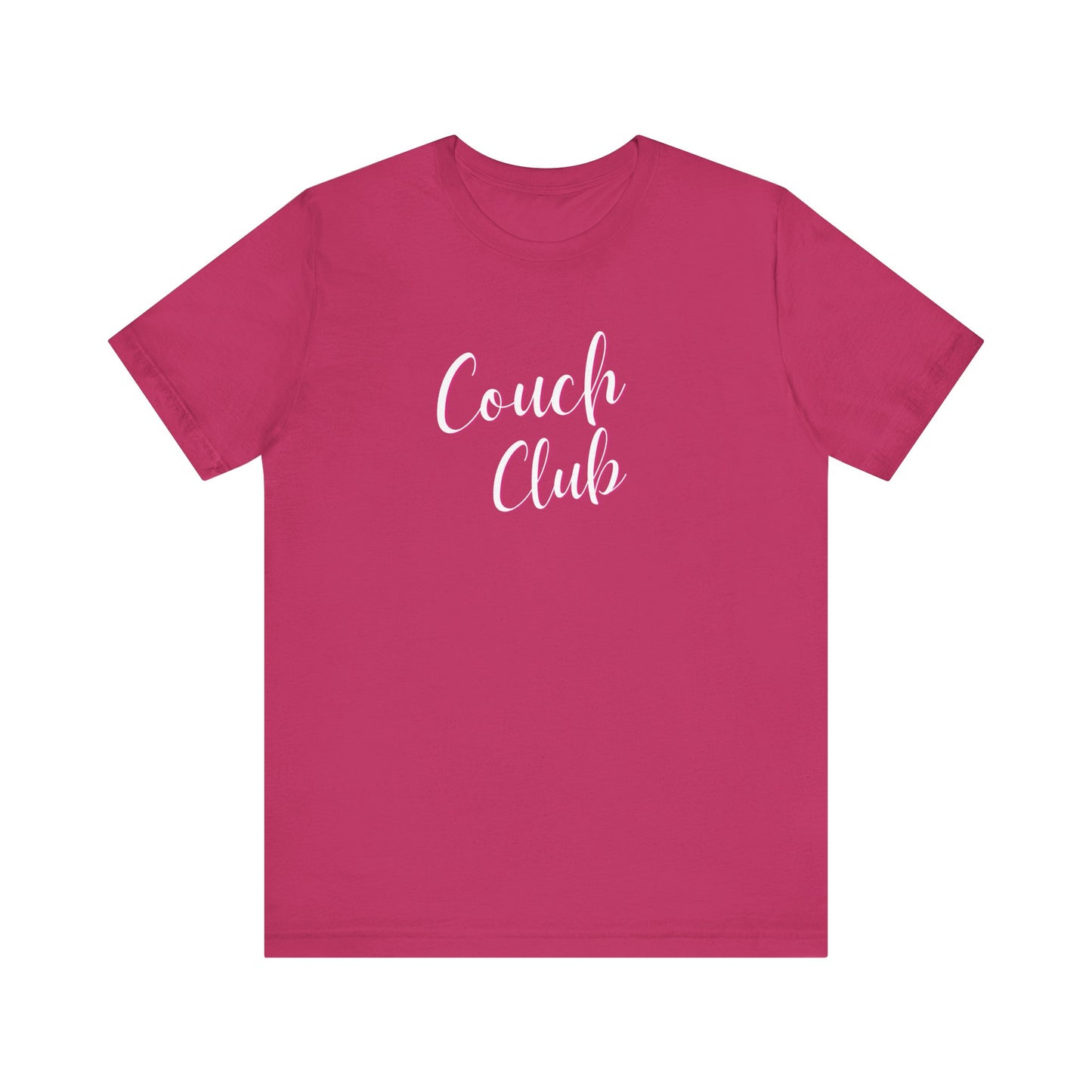 A magenta pink short-sleeve t-shirt with 'Couch Club' printed in white script across the chest, displayed on a solid white background.