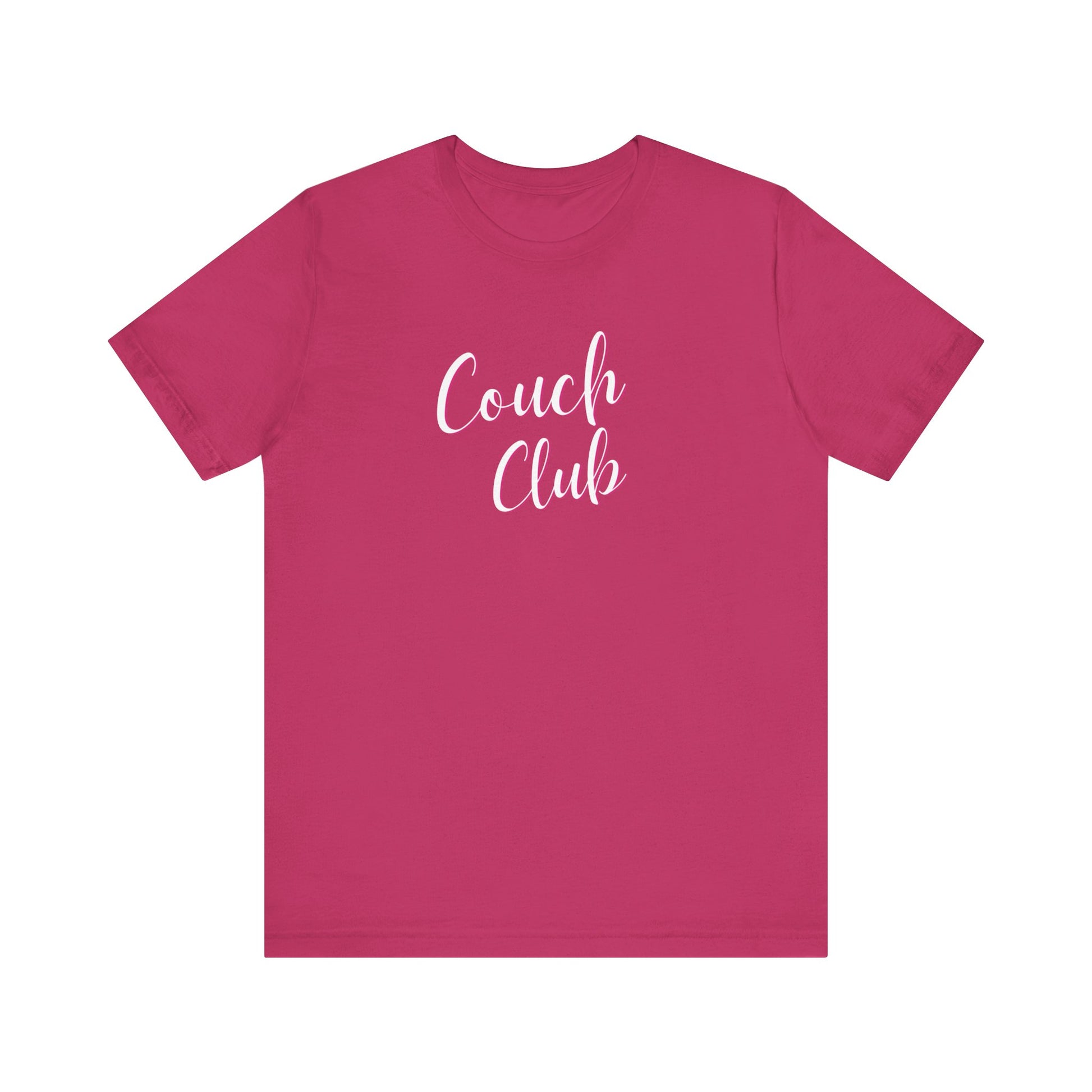A magenta pink short-sleeve t-shirt with 'Couch Club' printed in white script across the chest, displayed on a solid white background.