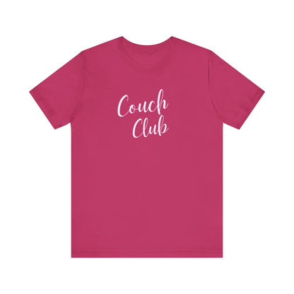A magenta pink short-sleeve t-shirt with 'Couch Club' printed in white script across the chest, displayed on a solid white background.
