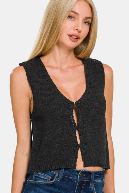 Hook and Eye Closure V-Neck Sweater Vest Black