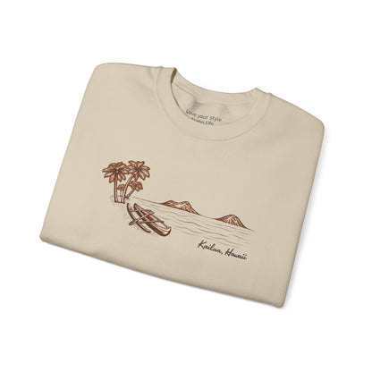 Tonal hand-drawn Kailua canoe and Mokulua Islands unisex sweatshirt in warm neutral shades folded