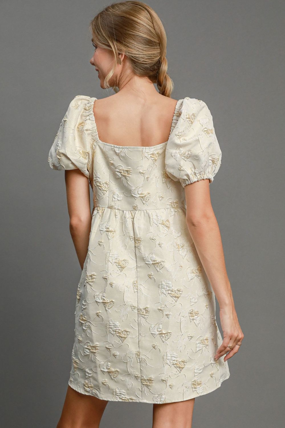 Cream Heart Jacquard Square Neck Puff Sleeve Mini Dress