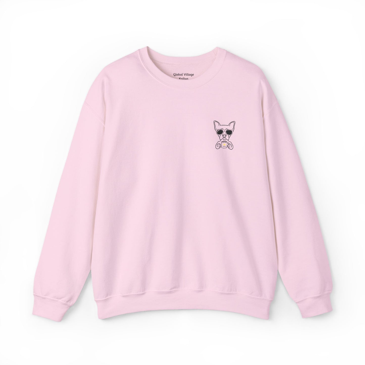 Light Pink sweatshirt with an embroidered dog drinking a cup of coffee on a white background