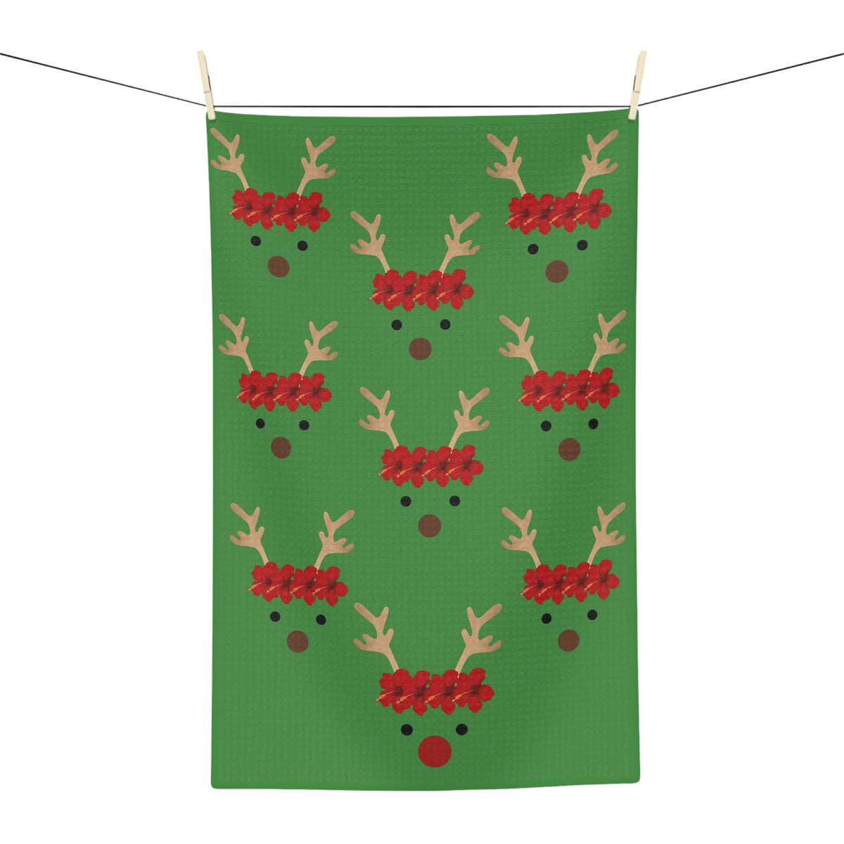 Green Reindeer and Rudolph holiday kitchen towel with red nose design