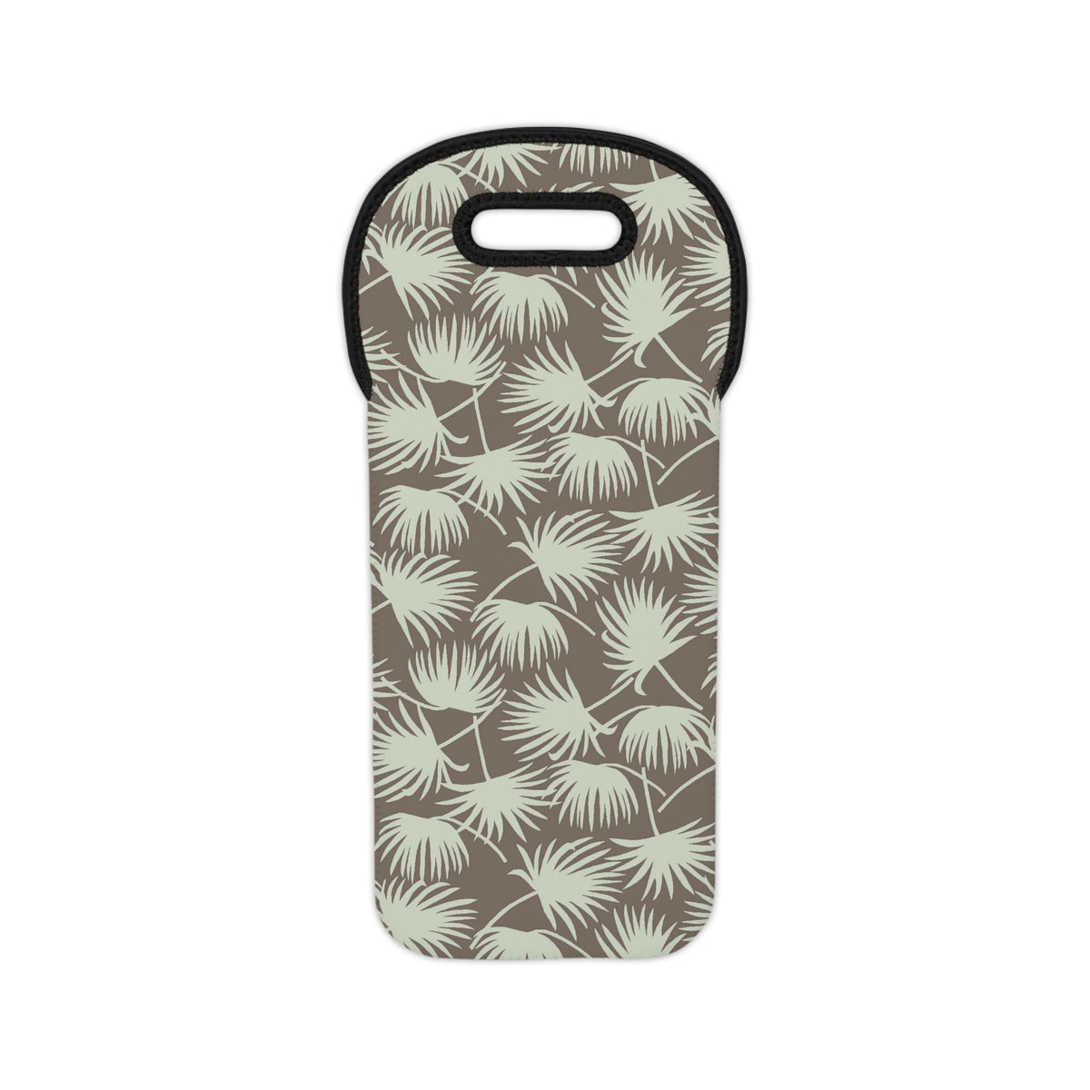 Mint insulated neoprene wine tote bag with a mocha tropical fan palm print, black trim and built-in carrying handle.