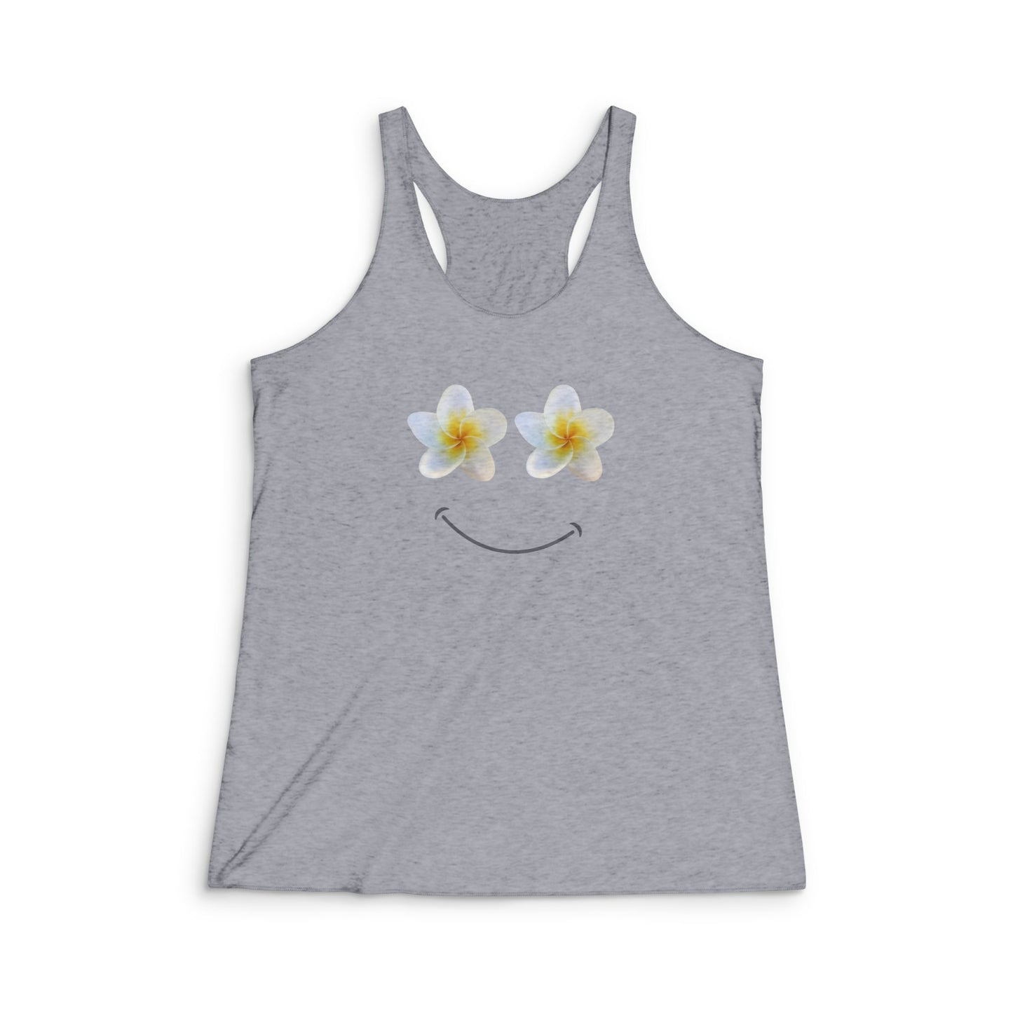A heather gray racerback tank top featuring a smiley face graphic where the eyes are made of two white plumeria flowers with yellow centers, shown on a plain white background.