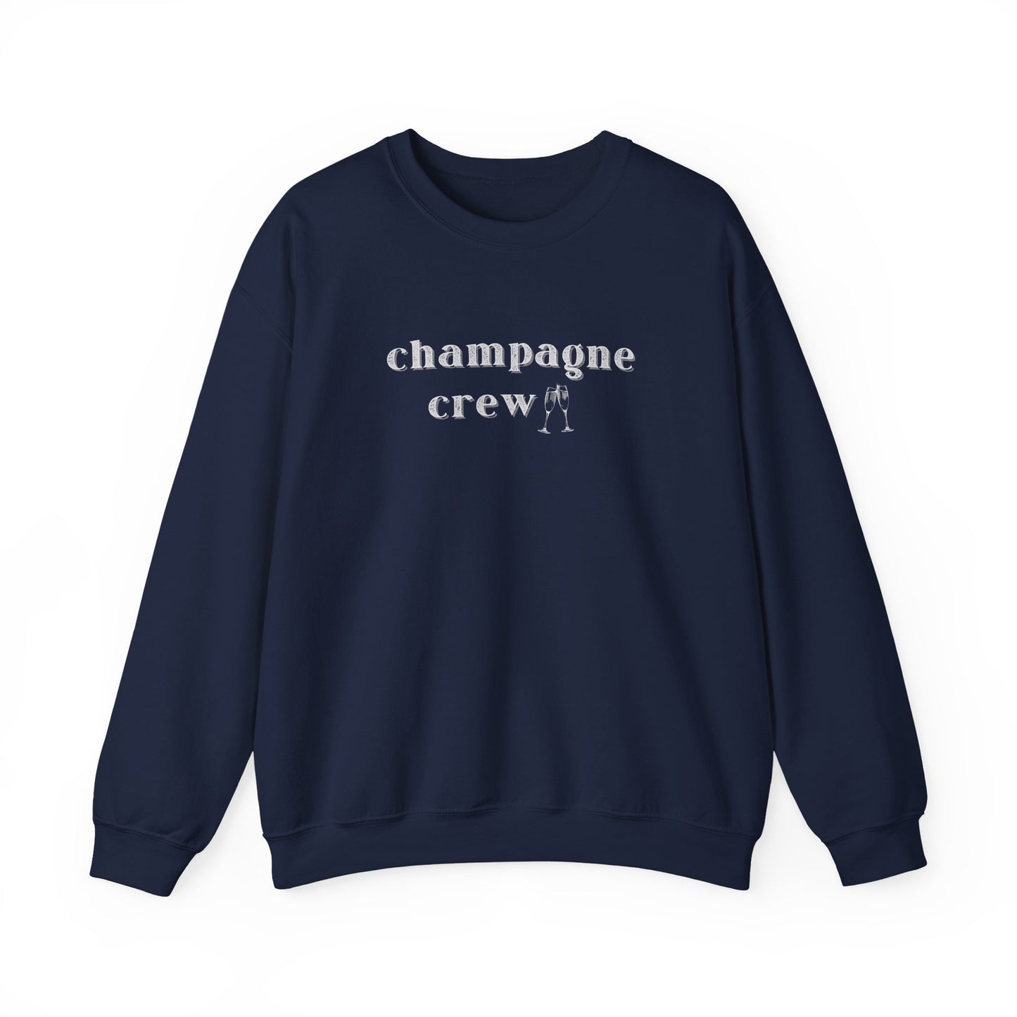 Navy sweatshirt with 'Champagne Crew' text on a white background