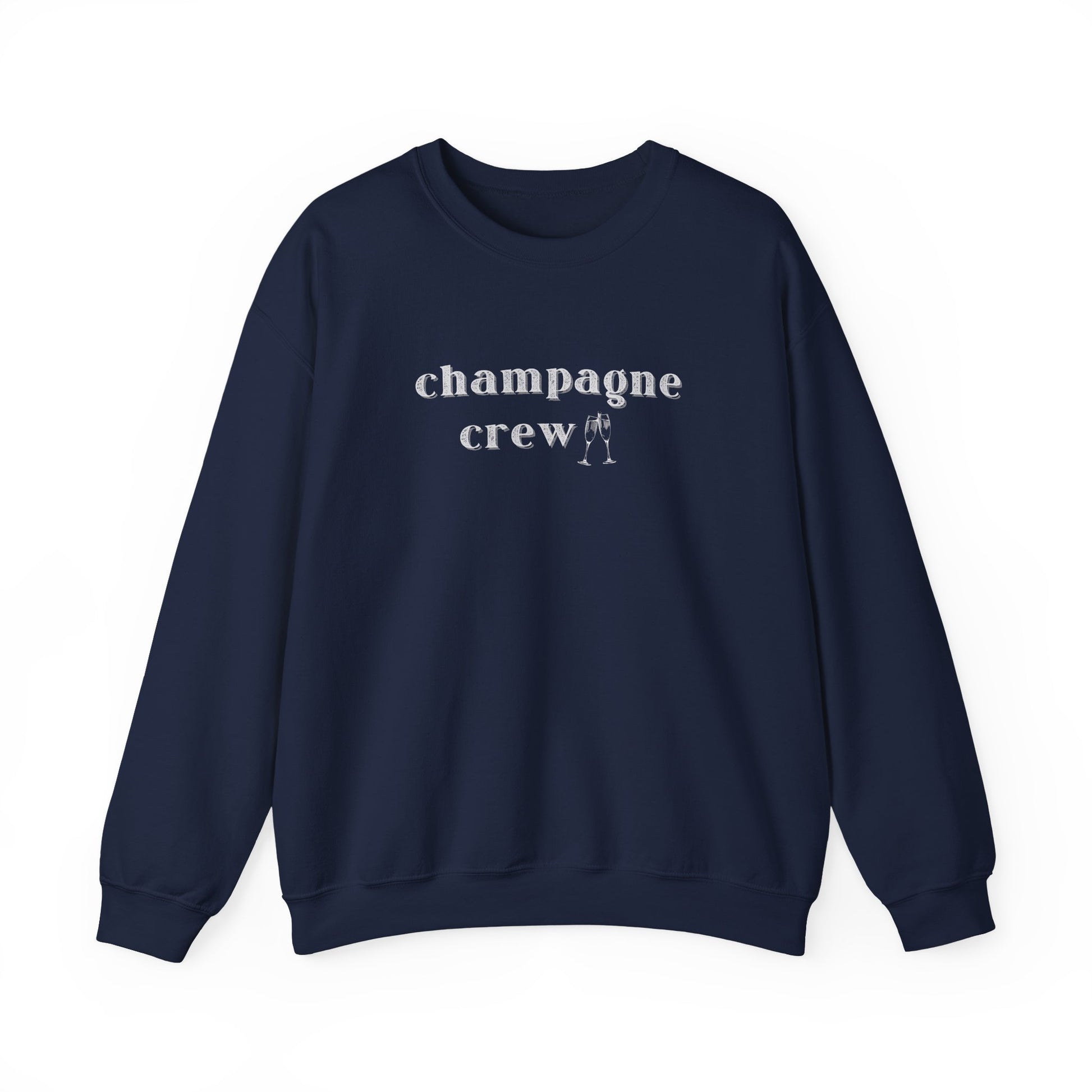 Navy sweatshirt with 'Champagne Crew' text on a white background