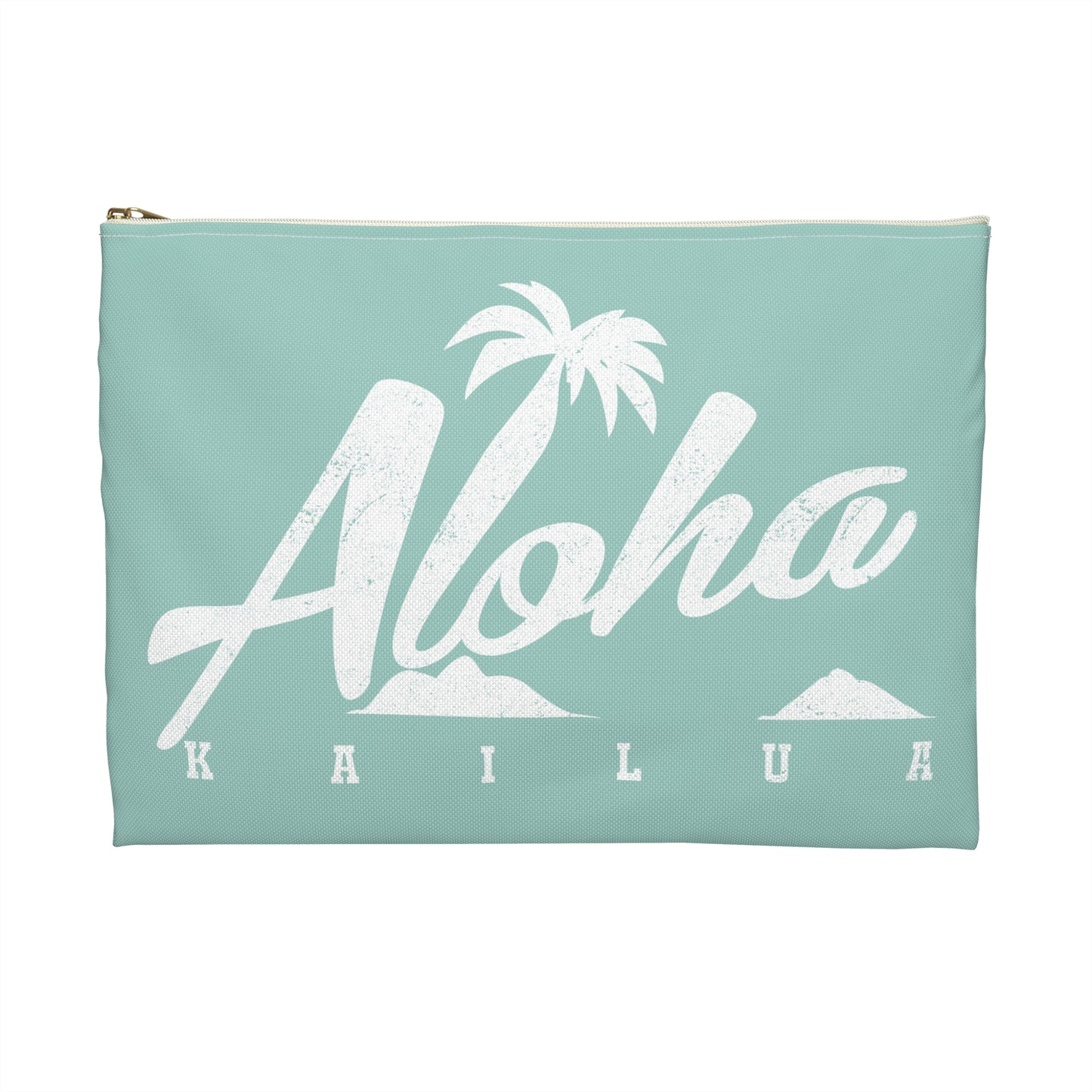 A mint green zippered pouch featuring a white distressed graphic that reads 'Aloha KAILUA' with a palm tree and mokulua islands, shown on a plain white background.