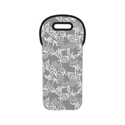 Sharkskin grey insulated neoprene wine tote bag with a white coral reef print, black trim and built-in carrying handle.
