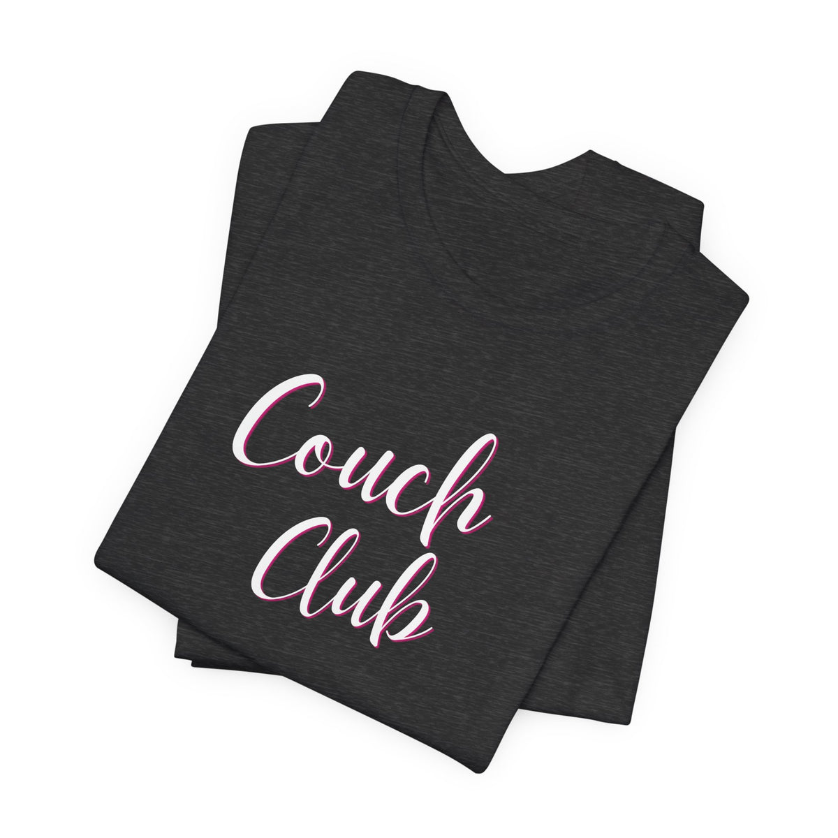 A folded dark heather gray t-shirt with 'Couch Club' printed in white script with a pink outline, displayed on a clean white background.
