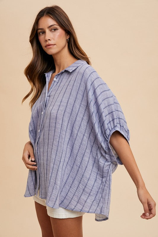 Dusty Blue Striped Button Up Half Sleeve Top