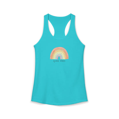 A turquoise racerback tank top featuring a pastel rainbow graphic on the chest with the text 'ALOHA VIBES' underneath, displayed against a clean white background.