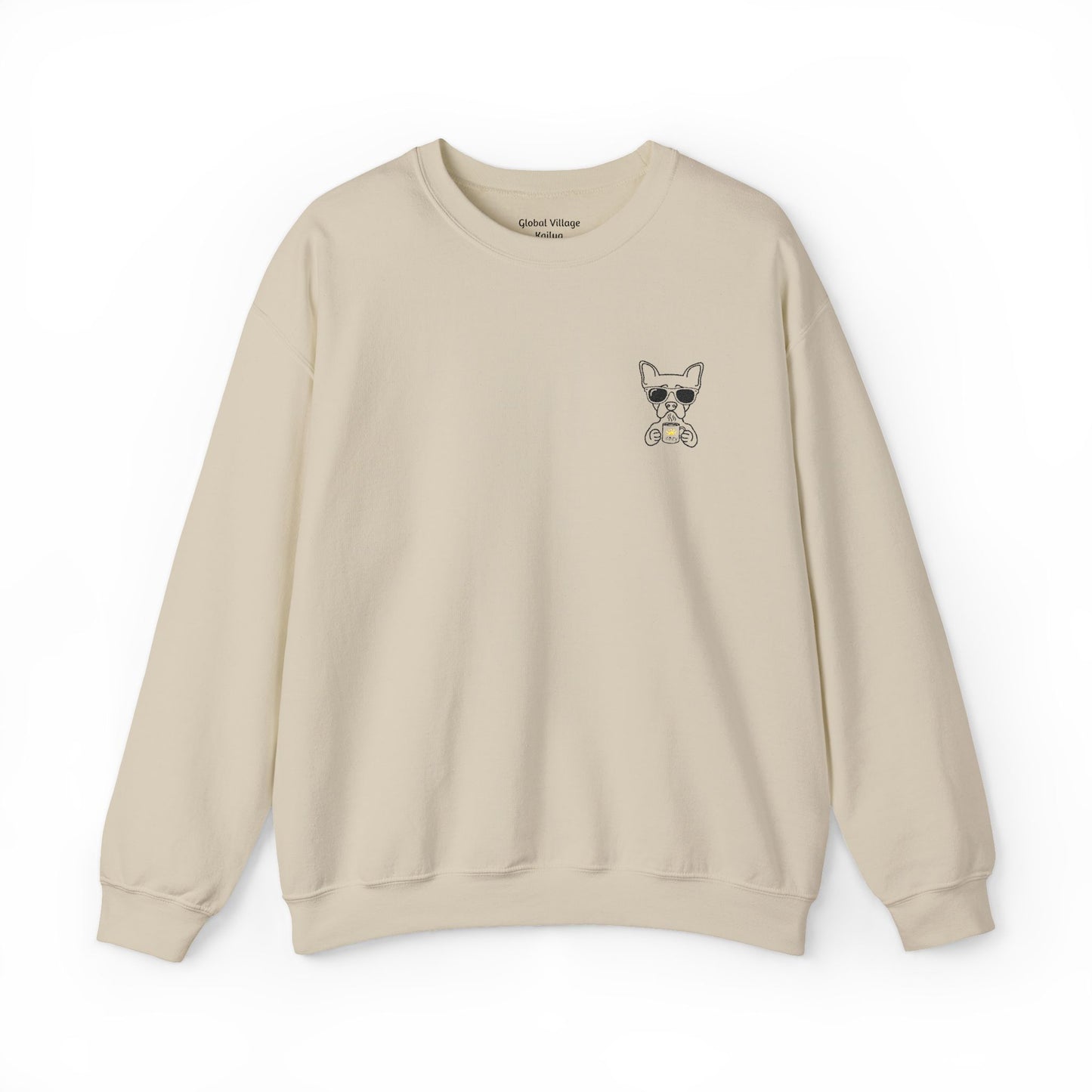 Sand sweatshirt with an embroidered dog drinking a cup of coffee on a white background