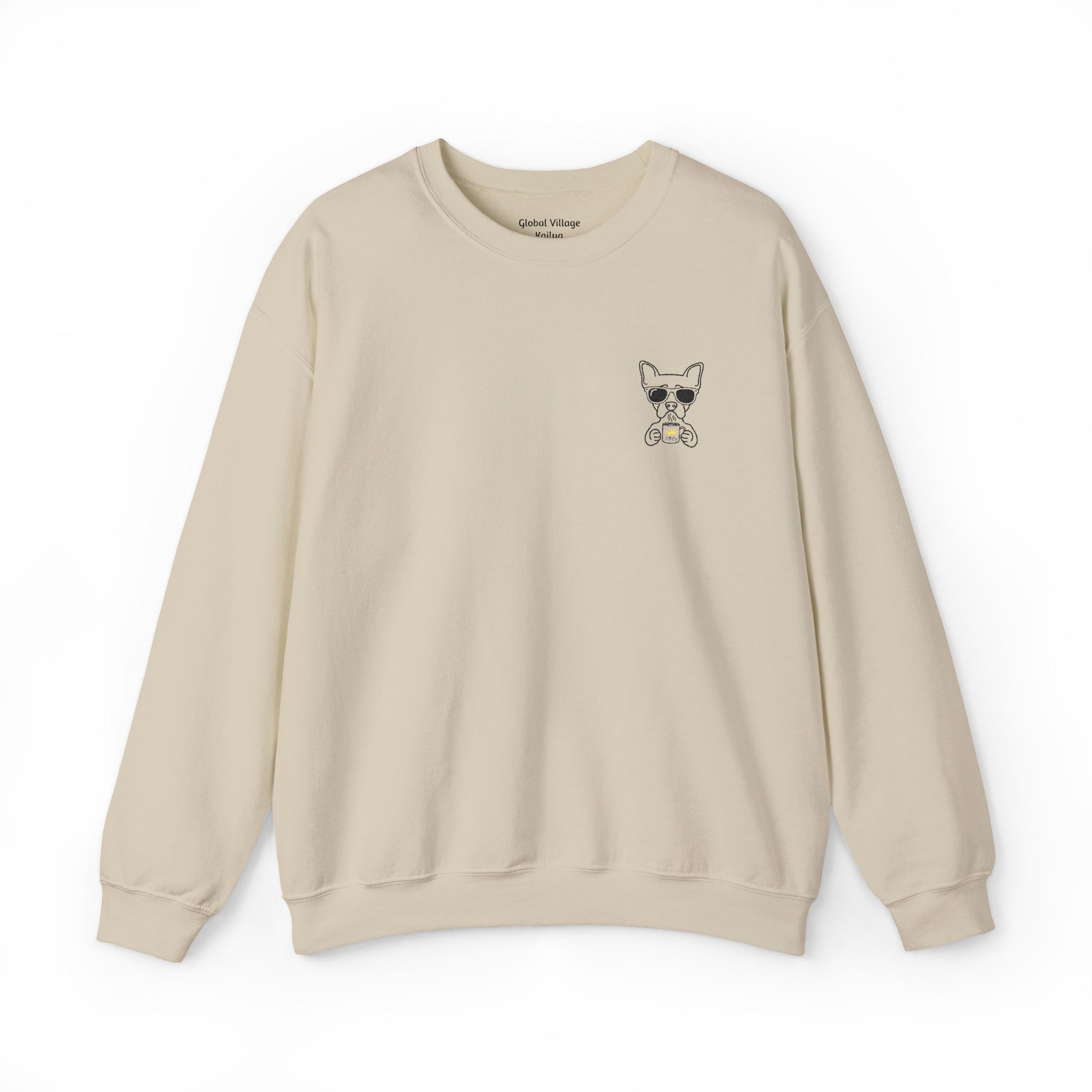 Sand sweatshirt with an embroidered dog drinking a cup of coffee on a white background