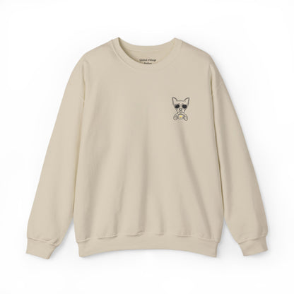 Sand sweatshirt with an embroidered dog drinking a cup of coffee on a white background