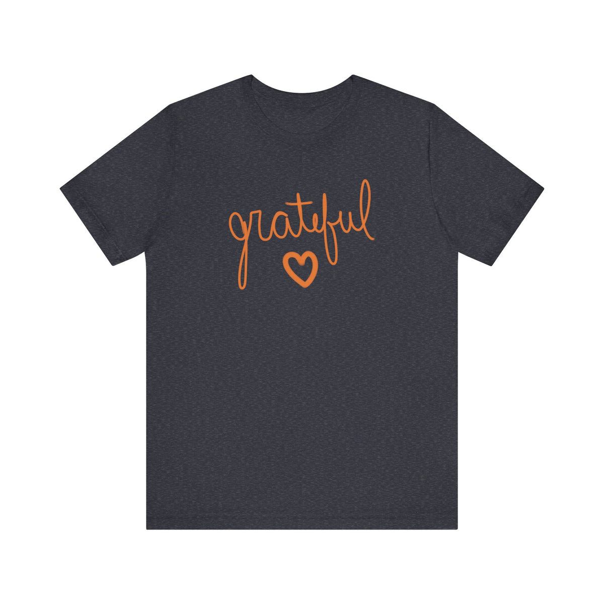 A navy heather t-shirt with the word 'grateful' written in orange cursive script and a matching orange heart outline below it, displayed on a solid white background.