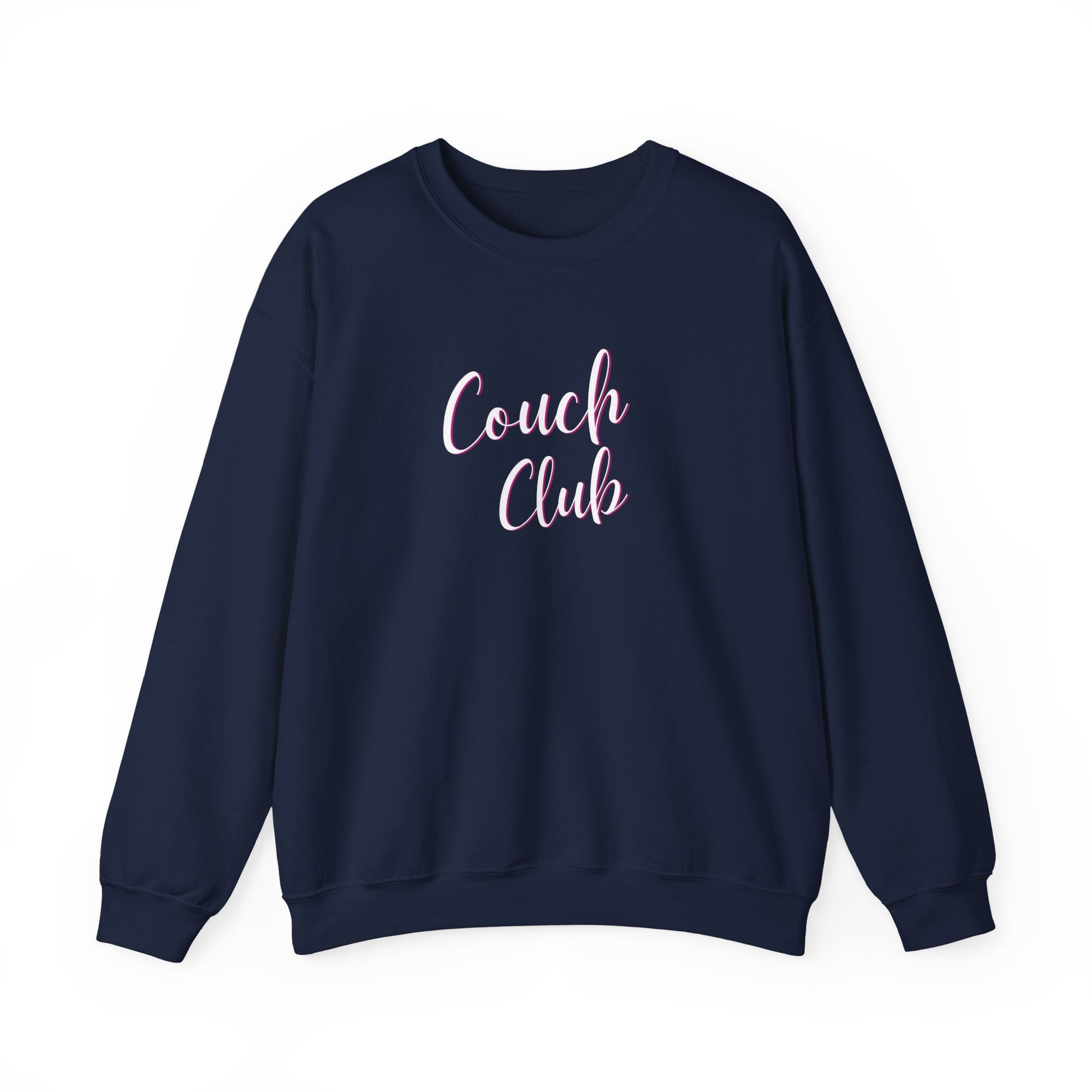 A navy blue crewneck sweatshirt featuring the words 'Couch Club' printed in a light pink cursive font on the chest, displayed against a solid white background.