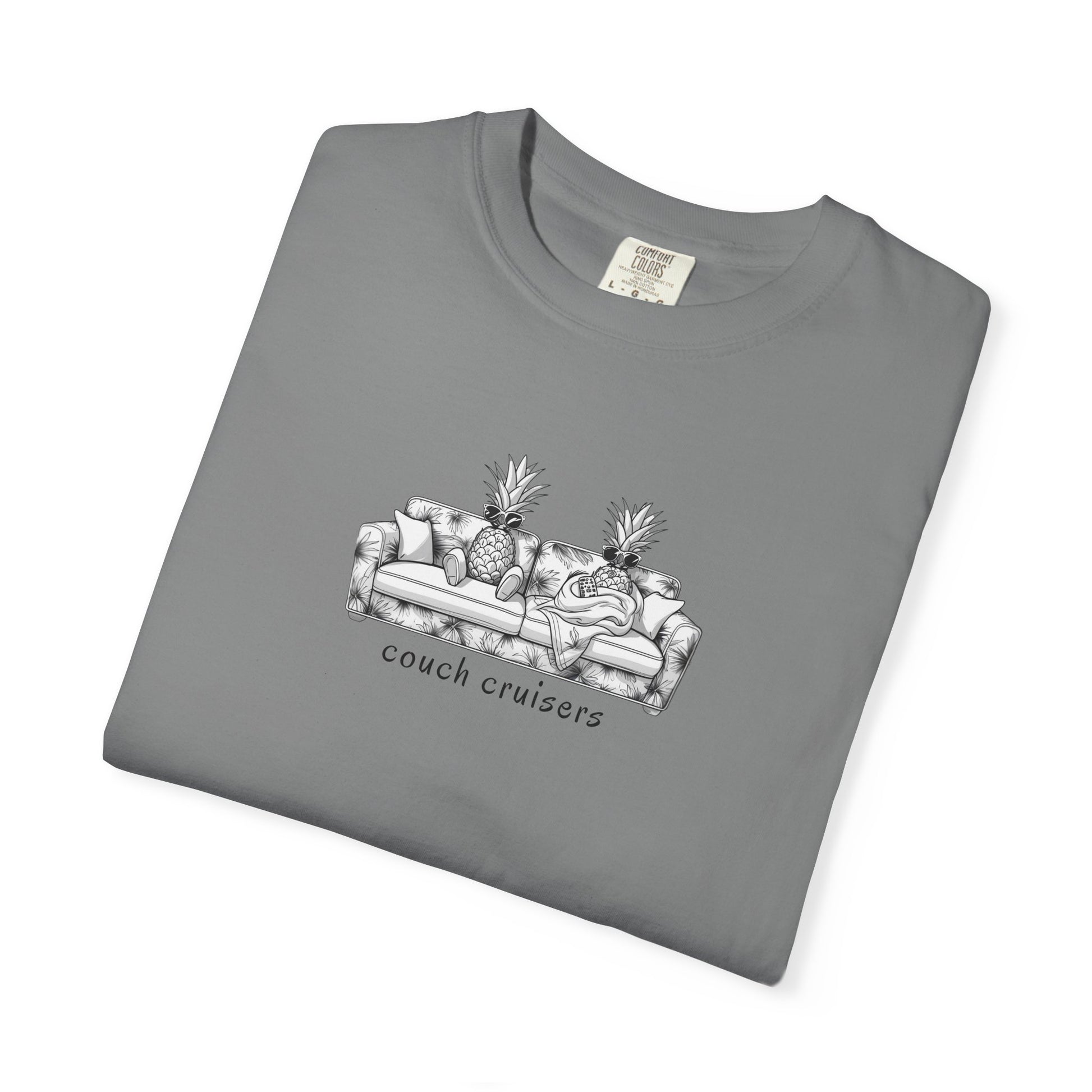 Folded Couch Cruisers graphic Comfort Colors tee in grey with pineapple couch design