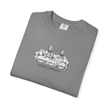 Folded Couch Cruisers graphic Comfort Colors tee in grey with pineapple couch design