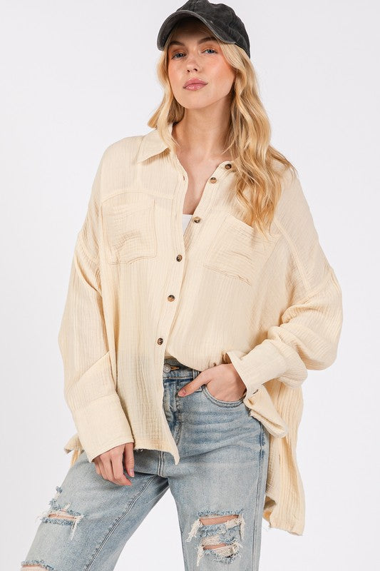 Natural Frayed Hem Cotton Button Down Shirt