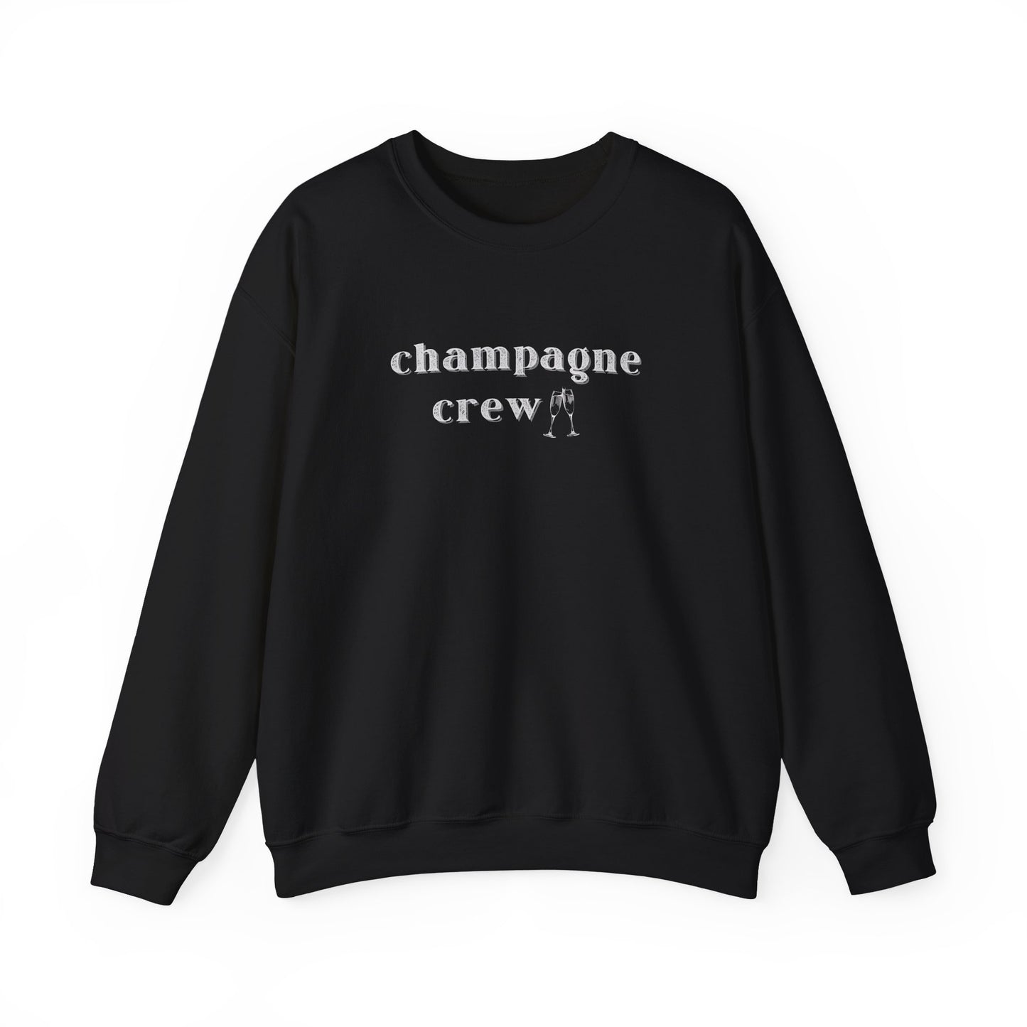 Black sweatshirt with 'Champagne Crew' text on a white background