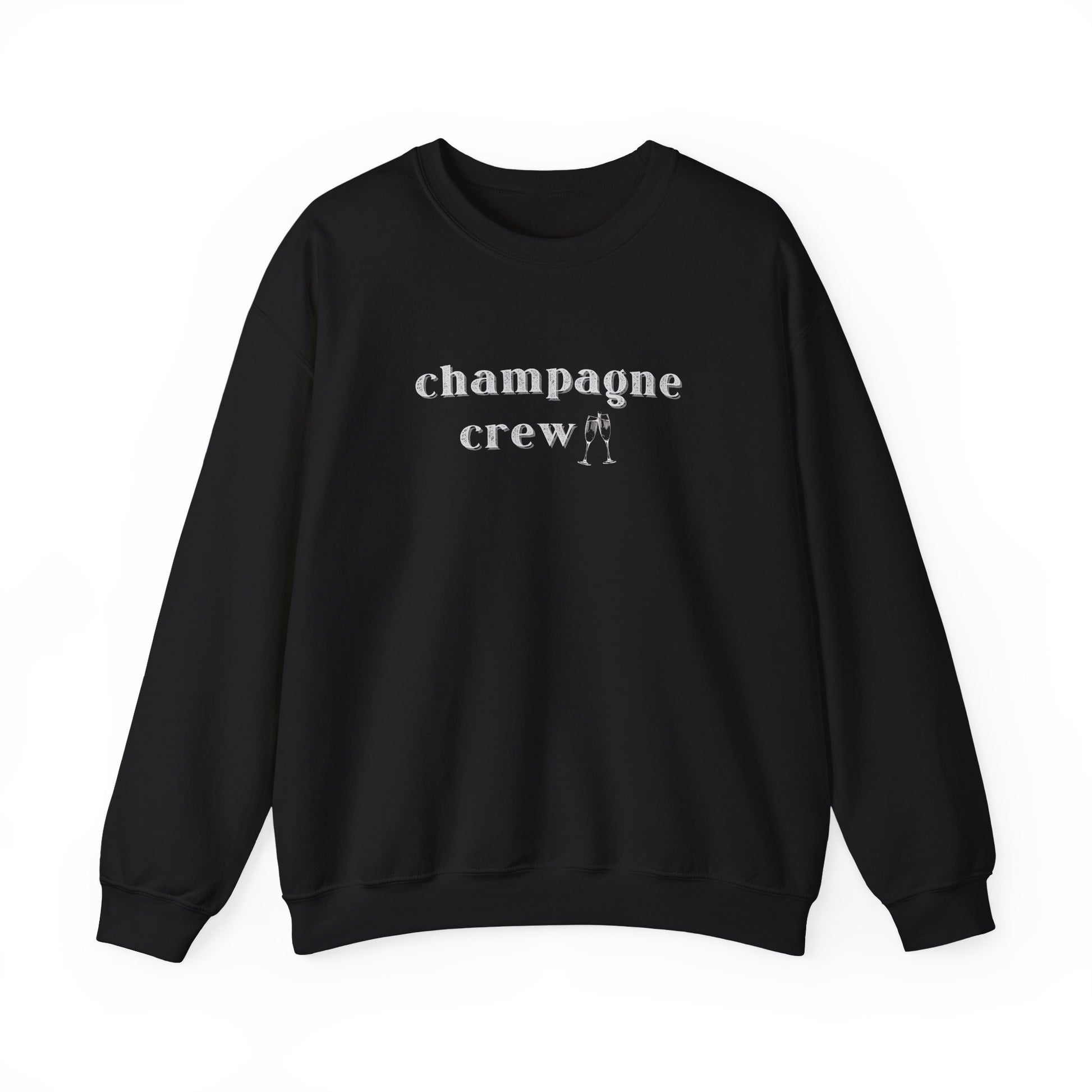 Black sweatshirt with 'Champagne Crew' text on a white background