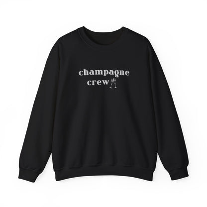 Black sweatshirt with 'Champagne Crew' text on a white background