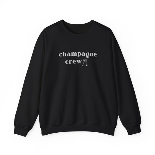 Black sweatshirt with 'Champagne Crew' text on a white background