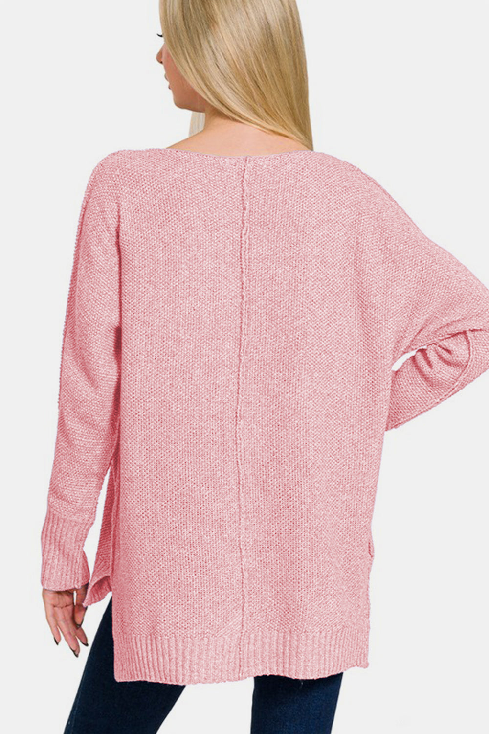 Pink High-Low Center Seam V-Neck Sweater