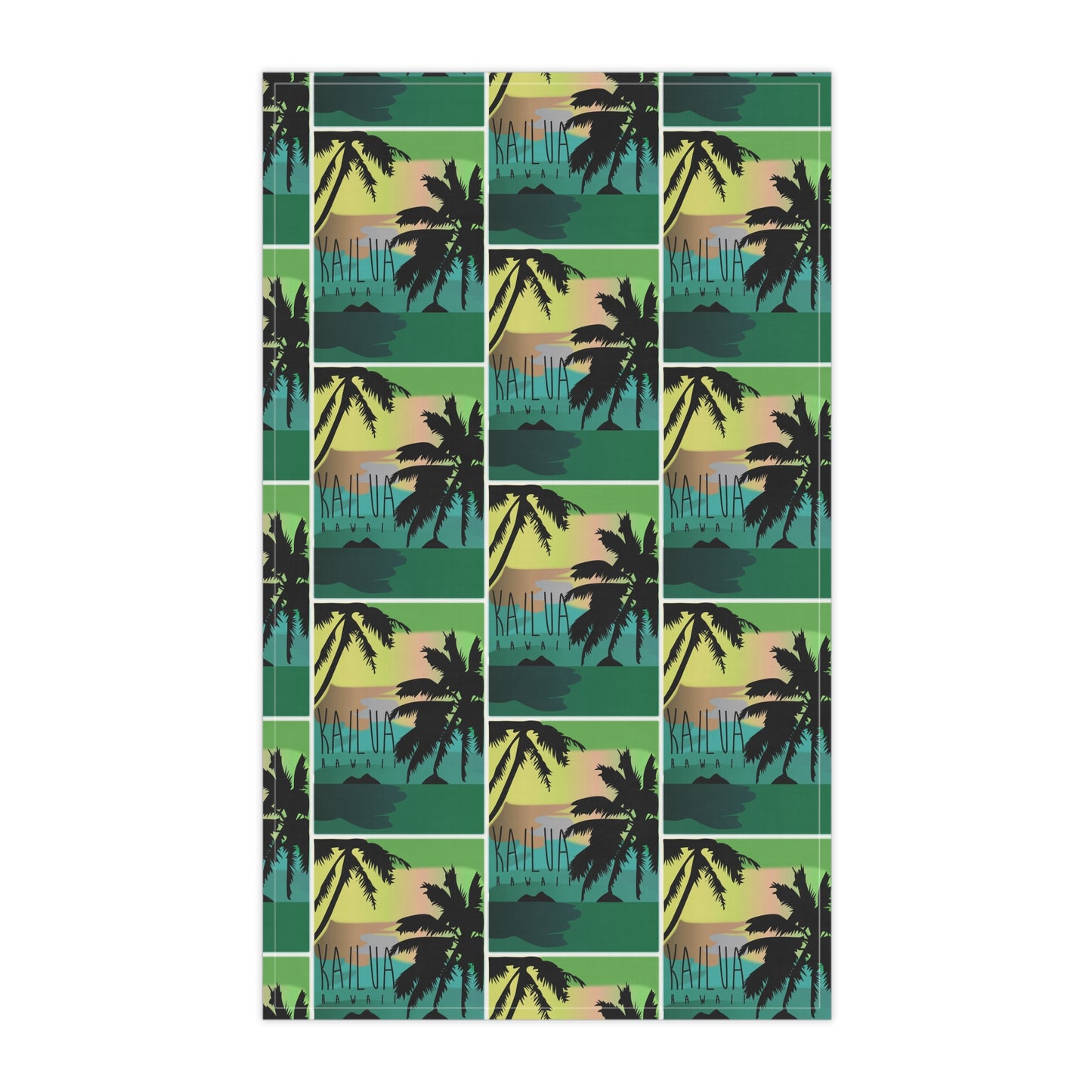 A tea towel featuring a repeating tropical sunset pattern with black palm tree silhouettes over teal, green, yellow, and peach horizontal bands, 'KAILUA HAWAII' shown on a white background.
