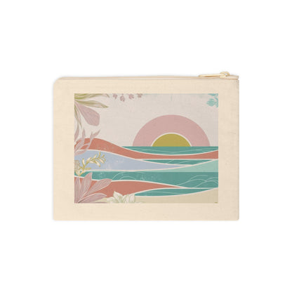 A cream-colored canvas zippered pouch featuring a colorful retro-style illustration of a sunset over stylized waves and tropical leaves, shown against a plain white background.