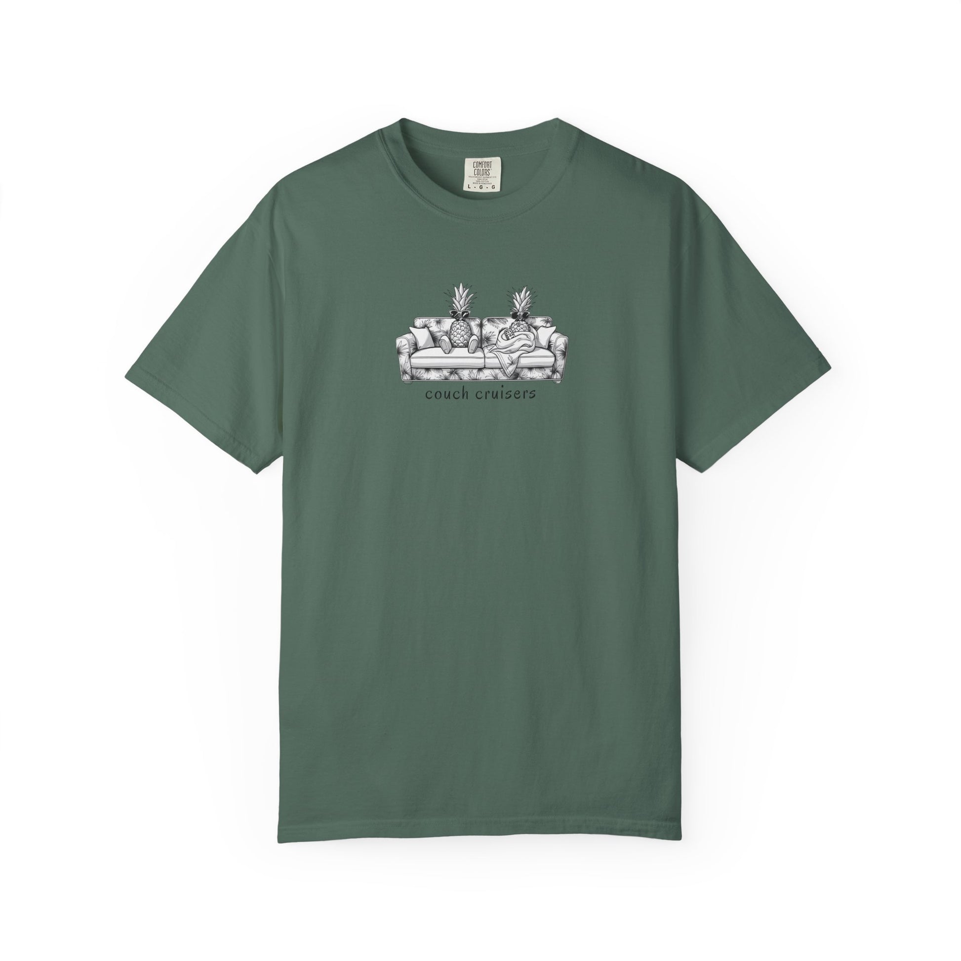 Couch Cruisers graphic Comfort Colors tee in lgreen with pineapple couch design
