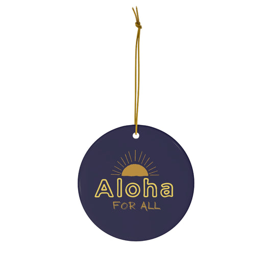 Navy ceramic ornament featuring golden Aloha for All lettering and a rising sun design.