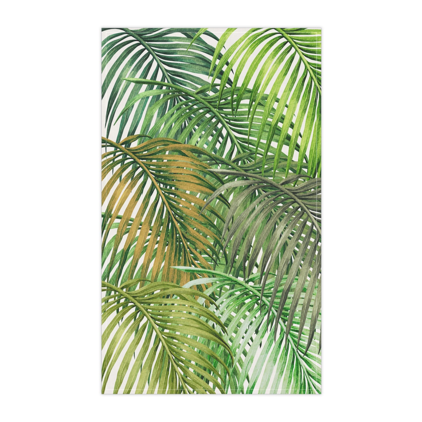 A rectangular tea towel featuring a tropical palm leaf pattern in shades of green, olive, and soft yellow on a white background.