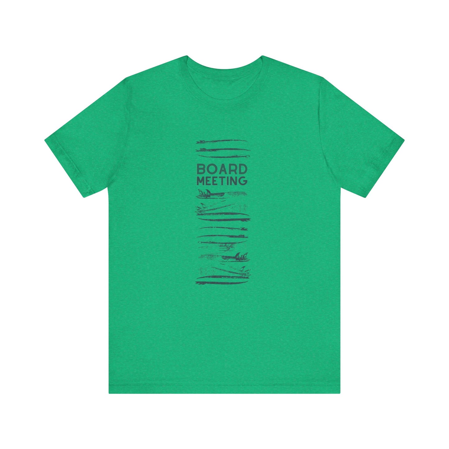 A bright green crewneck t-shirt with a dark gray graphic on the front featuring the text 'BOARD MEETING' surrounded by horizontal surfboards, displayed on a solid white background.