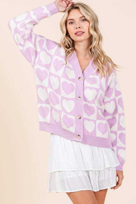 Lilac Checkered Heart Button Down Cardigan