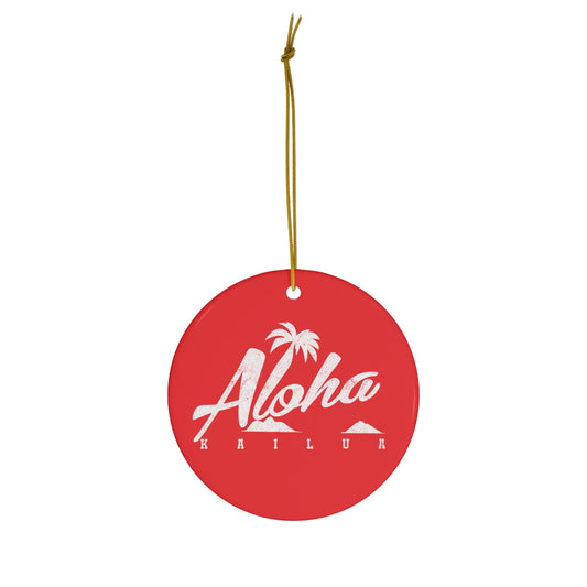 Red Aloha Kailua ceramic Christmas ornament with white palm tree and island graphic, printed on both sides.