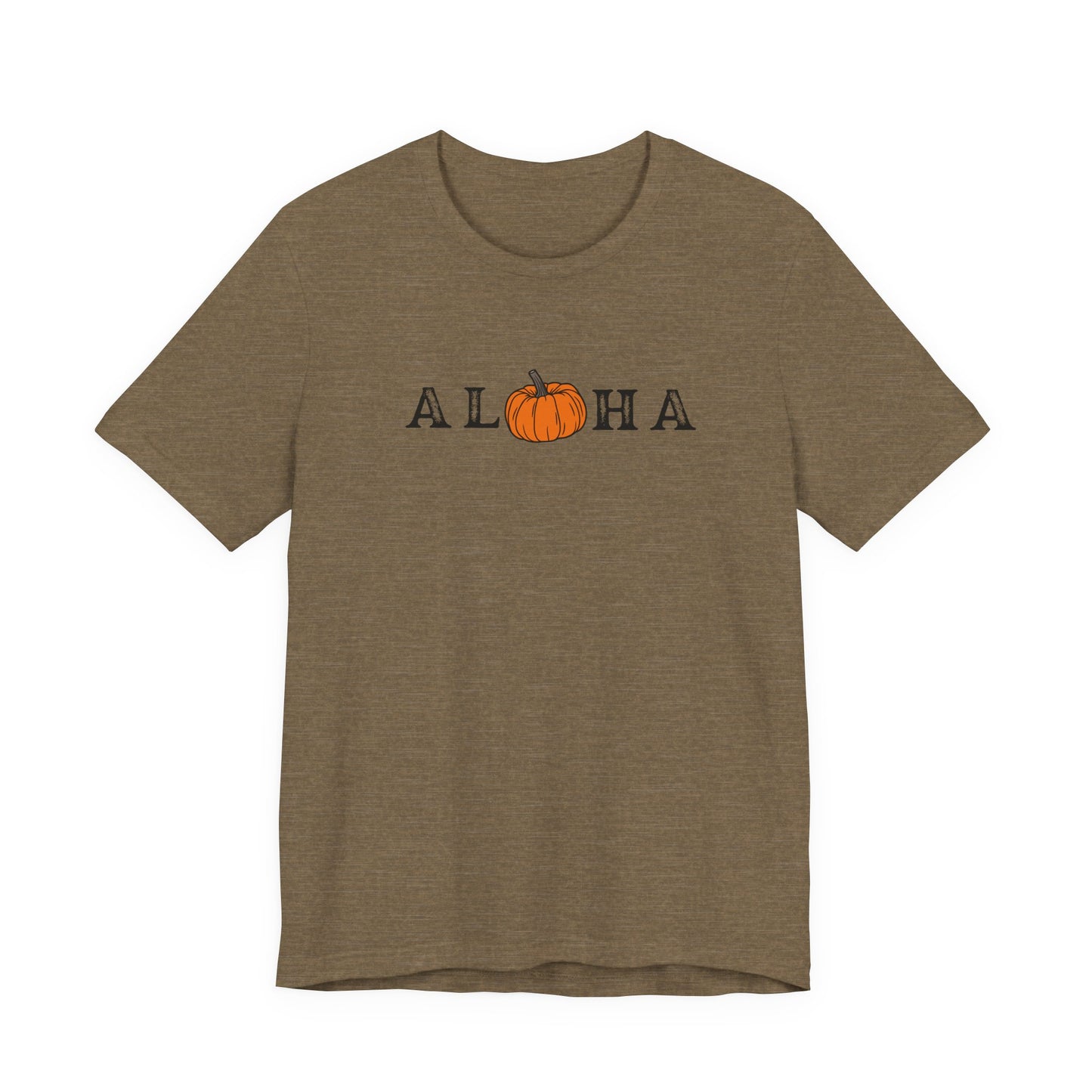 A short-sleeve crewneck t-shirt in heathered brown, featuring the word 'ALOHA' printed across the chest with an orange pumpkin graphic replacing the letter 'O'.