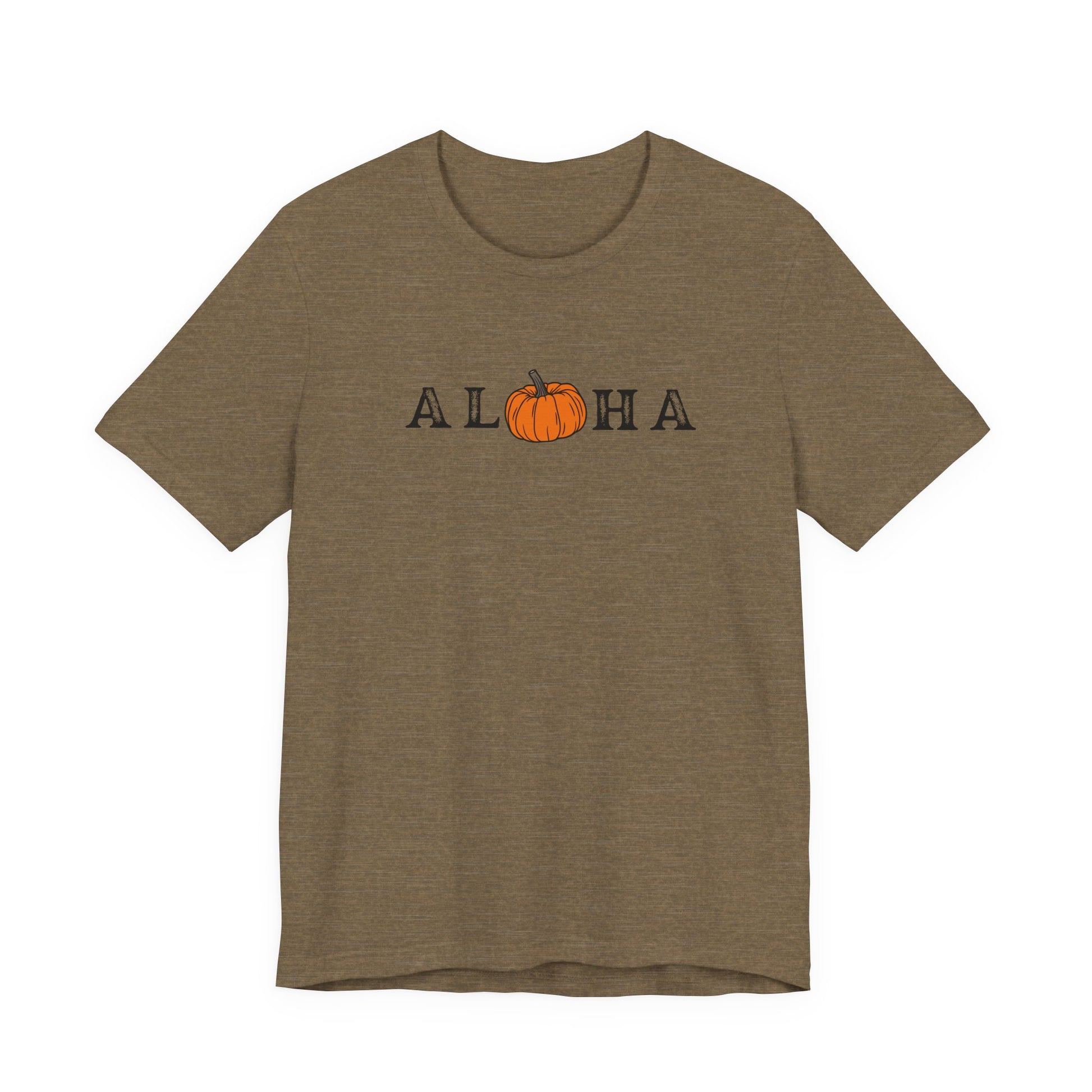 A short-sleeve crewneck t-shirt in heathered brown, featuring the word 'ALOHA' printed across the chest with an orange pumpkin graphic replacing the letter 'O'.