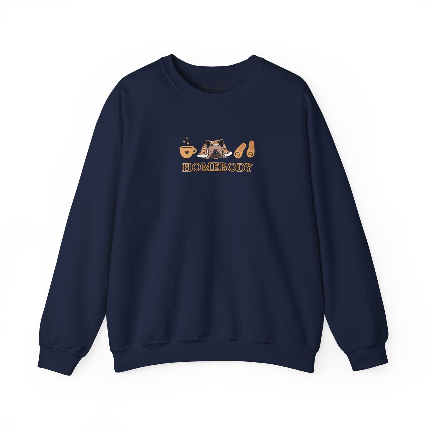 A navy crewneck sweatshirt featuring a central graphic of a dog under a blanket, house slippers, coffee cups and the word 'HOMEBODY' printed below it.