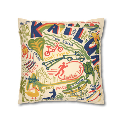 Decorative faux suede throw pillow cover featuring an original hand-drawn illustration of Kailua, Hawaii landmarks, beaches, surfing, paddling, turtles, and island icons.