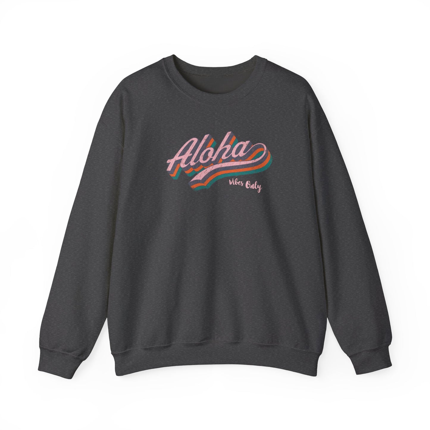 Aloha Vibes Only retro graphic crewneck sweatshirt featuring colorful vintage-inspired aloha lettering.
