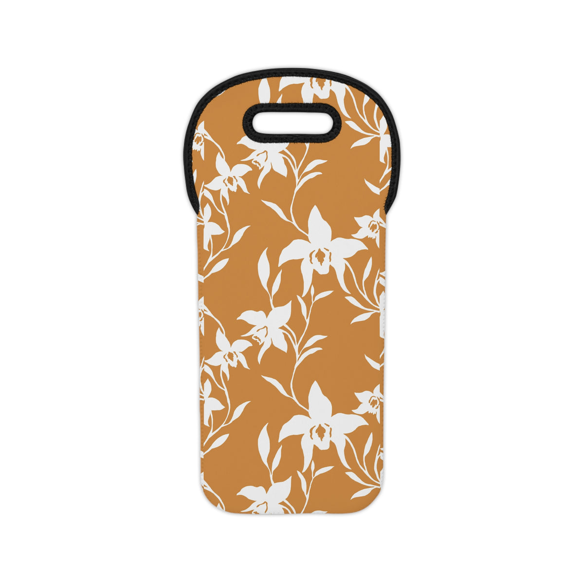 Caramel insulated neoprene wine tote bag with a white tropical orchid print, black trim and built-in carrying handle.