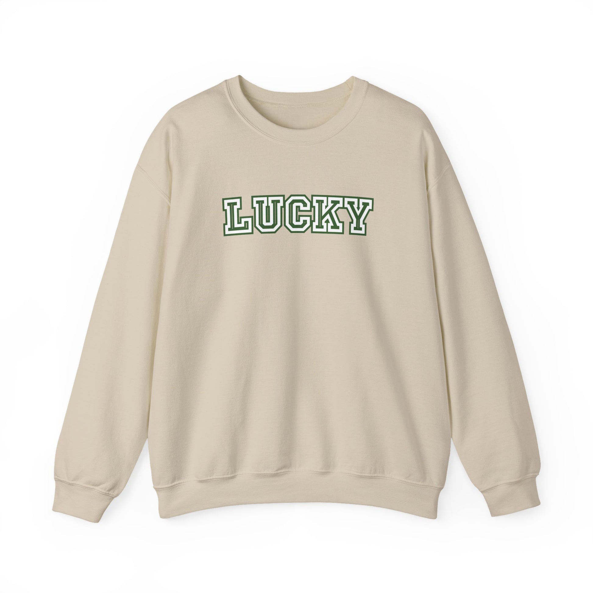 Beige sweatshirt with 'LUCKY' text on a white background