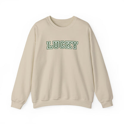 Beige sweatshirt with 'LUCKY' text on a white background