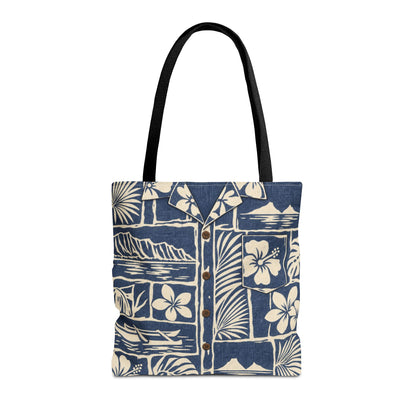 Indigo vintage aloha shirt tote bag with Mokulua Islands, Koʻolau mountains, outrigger canoe and tropical floral print.