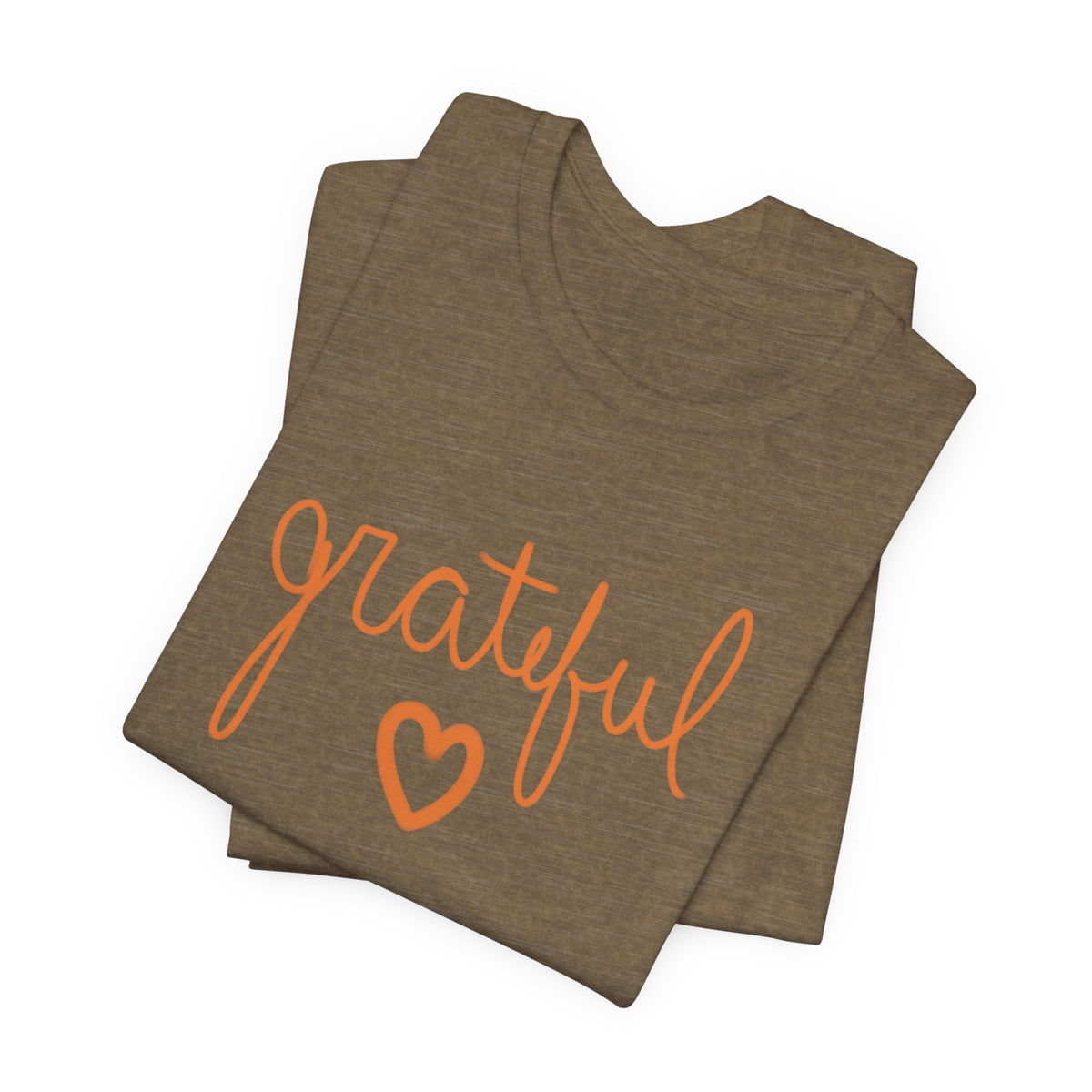 A folded heather olive t-shirt with the word 'grateful' written in orange cursive script and a matching orange heart outline, displayed on a clean white background.