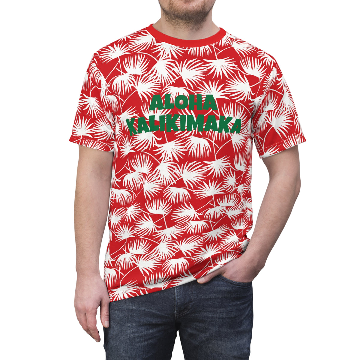 Red and white fan palm Hawaiian Christmas tee with green Aloha Kalikimaka lettering