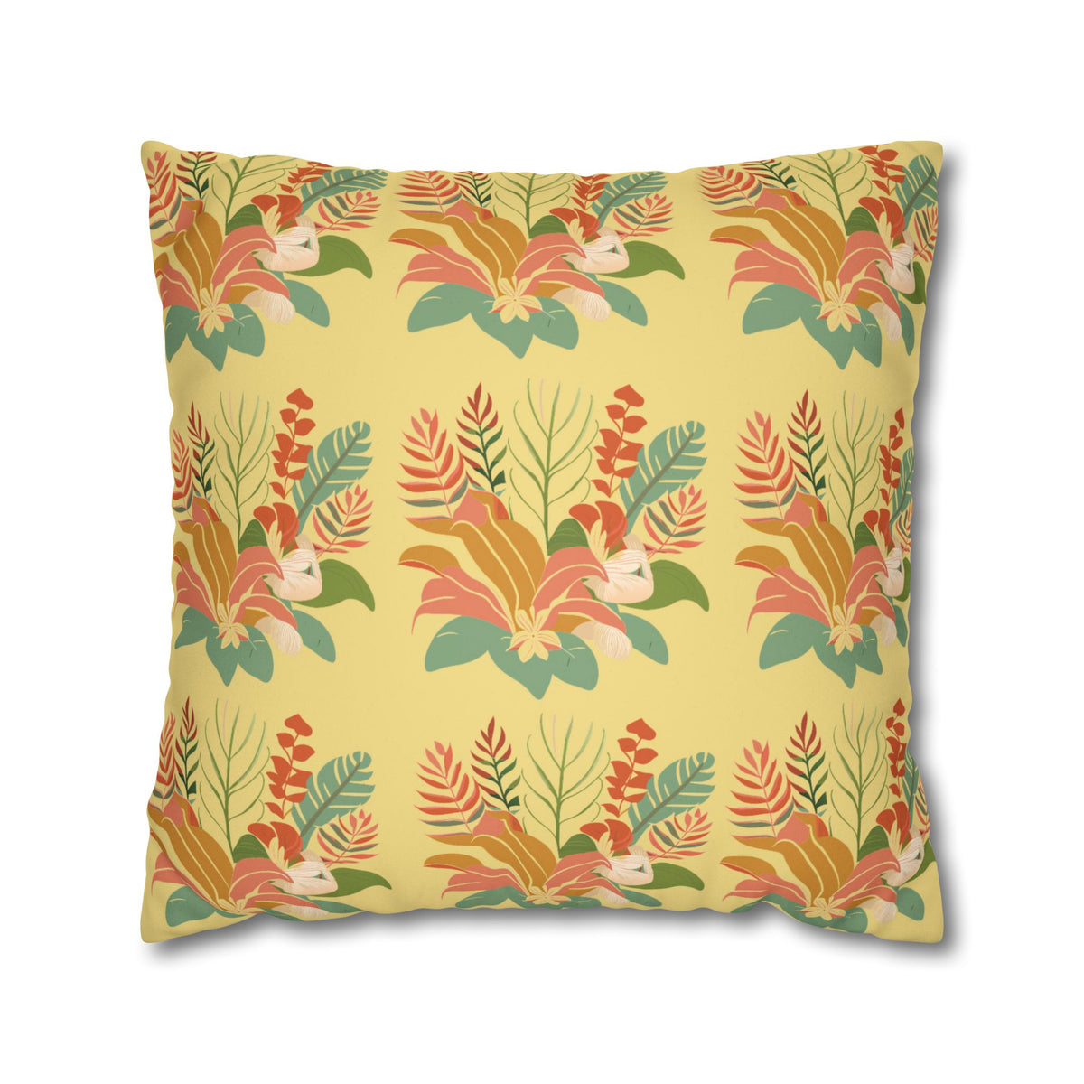 A square decorative throw pillow featuring a retro tropical floral pattern on a pale yellow background, with coral, orange, green, and beige botanical motifs.